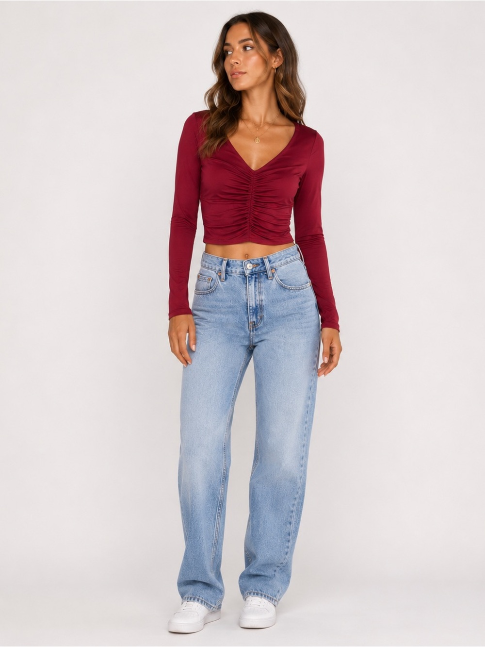 Gaze Burgundy Ruched Long Sleeve V-Neck Crop Top Size Small